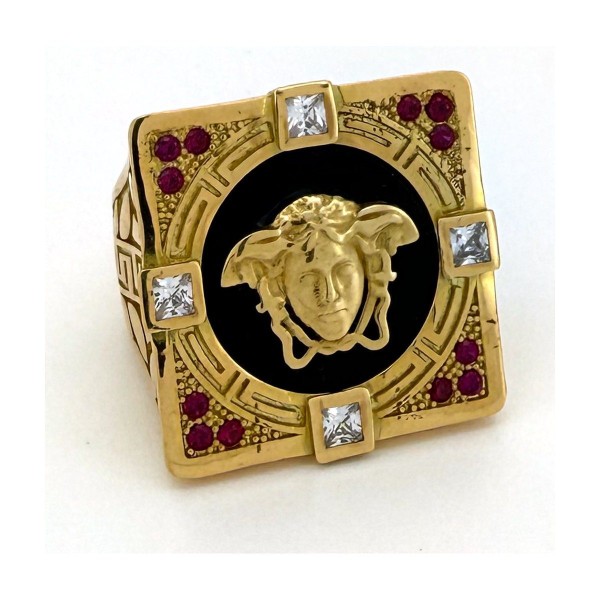 Anillo medusa piedras blancas y rojas de oro 18k talla 26